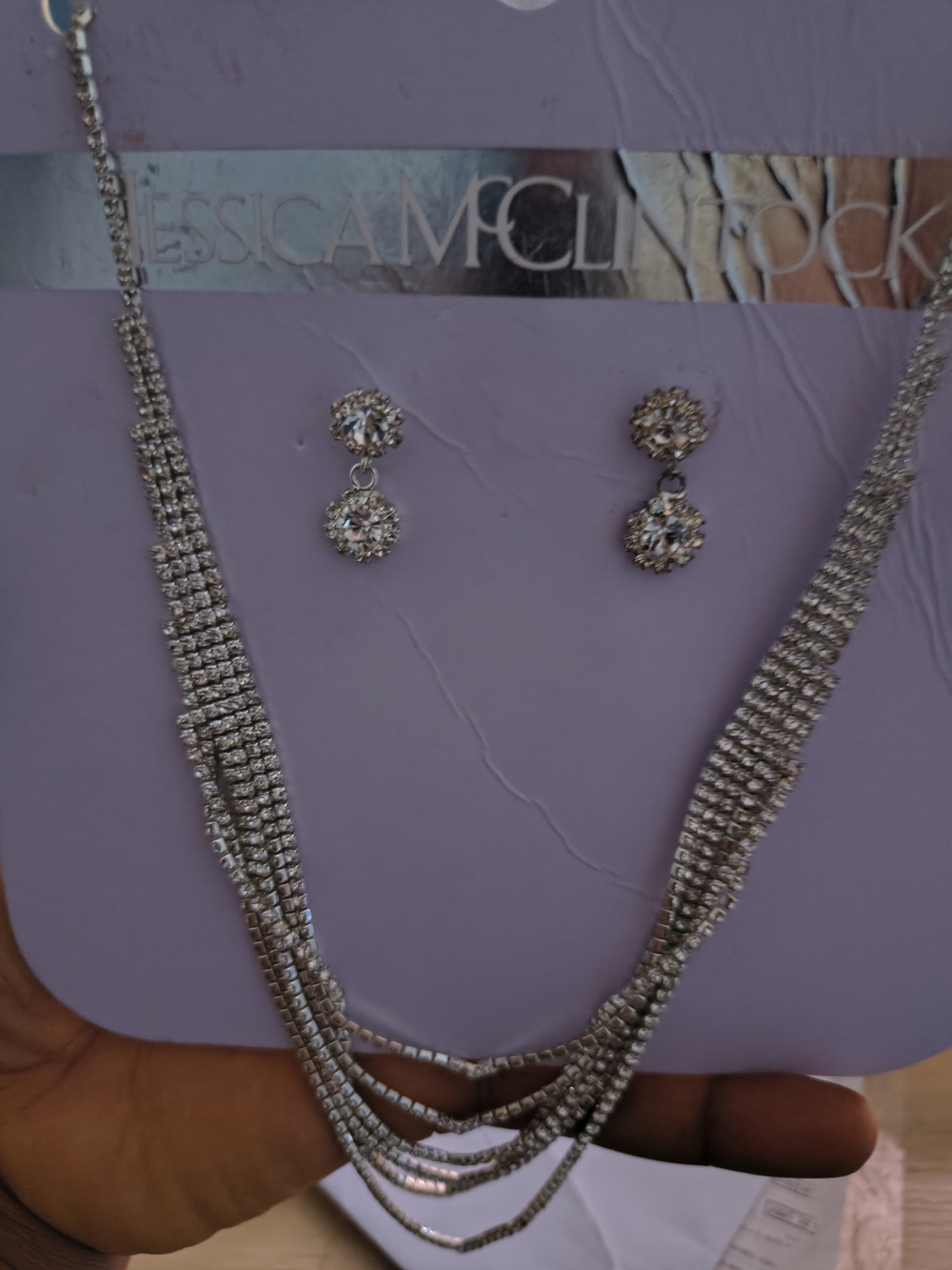 Jessica McClintock Silver Crystal Multi-Strand Necklace with Drop Earrings